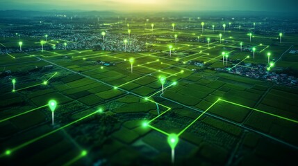 A network of digital connections linking various geolocated location pins over green rice fields, creating an aerial view of the rural landscape with a background of blue sky.