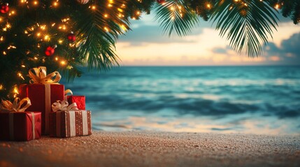 Tropical Christmas setting with a decorated palm tree wrapped in festive lights and presents on the sandy beach under a deep blue evening sky