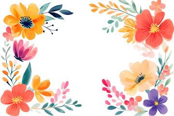 Floral border design with an array of multicolored flowers, isolated on white