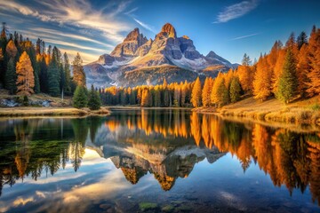 Obraz premium Beautiful landscape view of Dolomites mountains, Lago di Antorno, Three Peaks of Lavaredo during autumn