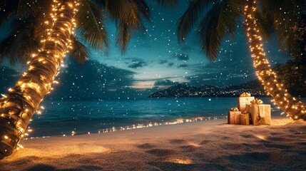 Tropical Christmas setting with a decorated palm tree wrapped in festive lights and presents on the sandy beach under a deep blue evening sky