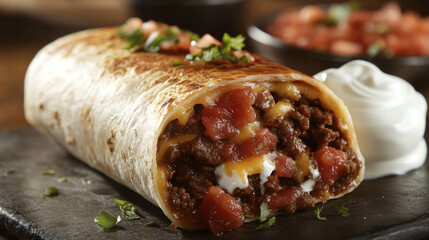 A visual of a hearty beef and cheese burrito with salsa and sour cream on the side.