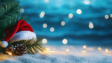 Obraz premium Santa hat resting on the sandy beach under a palm tree with glowing lights, with blurred ocean and bokeh lights in the background at dusk.