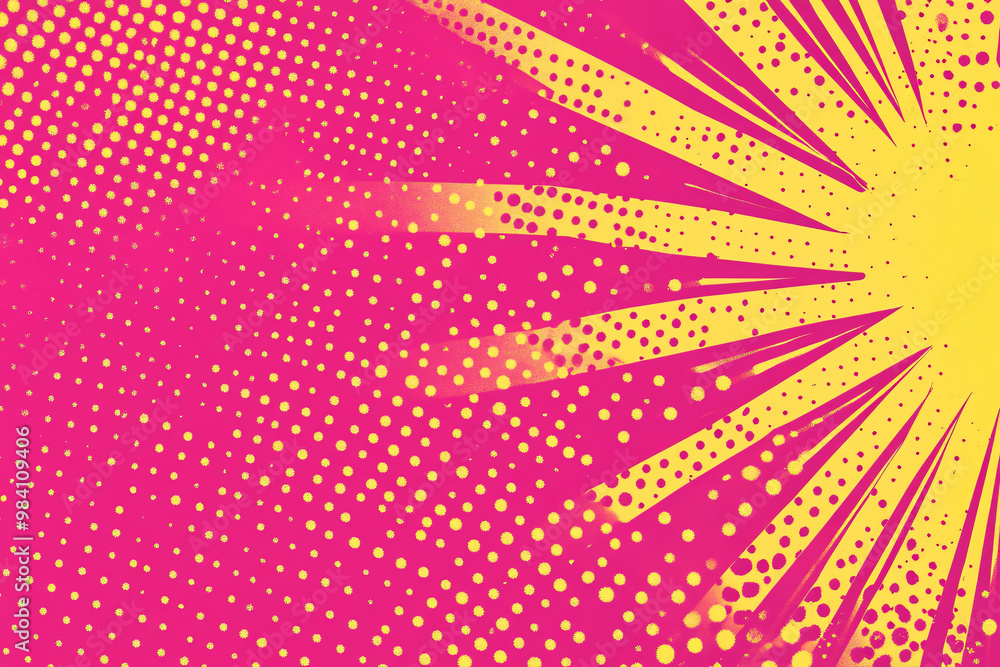 Poster vibrant sunburst in pop art style with bright yellow rays and dots radiating on a pink background cr