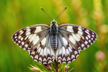 Naklejka premium Beautiful macro photo of a Marbled White Butterfly, Galathea Melanargia, with asymmetrical wings