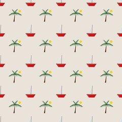 Seamless pattern with red boats, palm trees and sun