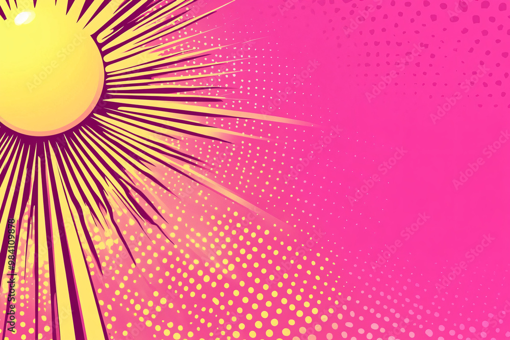 Poster bold pop art style sunburst with bright yellow rays extending across a vibrant pink background creat