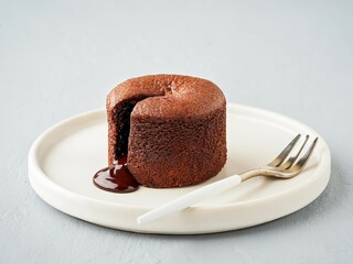 Lava  cake or Chocolate fondant dessert in a plate, on a light blue background. Copy space, closeup view.