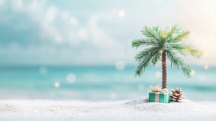 Small tropical palm tree and a gift box on a sand beach, blurred ocean view in the background.