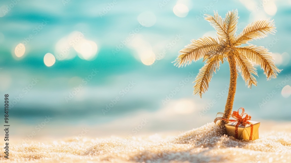 Sticker Small tropical palm tree and a gift box on a sand beach, blurred ocean view in the background.