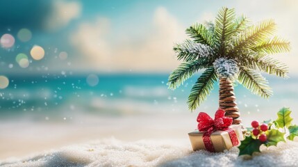 Small tropical palm tree and a gift box on a sand beach, blurred ocean view in the background.