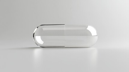 Empty transparent capsule or pill on light gray background close up with space for text or inscriptions, health and medicine theme
