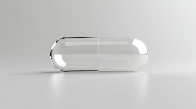 Empty transparent capsule or pill on light gray background close up with space for text or inscriptions, health and medicine theme
