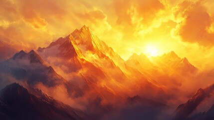 Naklejka premium A majestic sunrise over a mountain range, with golden rays of light illuminating the sky and peaks