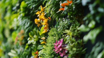 A vertical garden wall with various plants and flowers, creating an eco-friendly green space in the city.