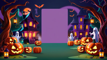 A vibrant Halloween scene with glowing pumpkins, haunted houses, spooky ghosts, and bats flying under a full moon. A festive, fun, and eerie atmosphere for Halloween night.