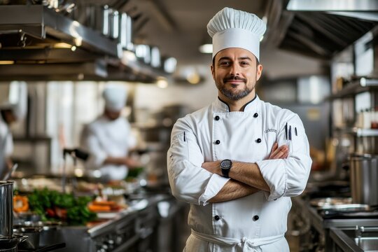 A professional chef standing proudly in a busy kitchen, arms crossed with a look of satisfaction