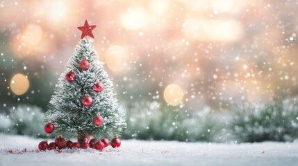 Obraz premium Small snow covered Christmas tree with light soft background