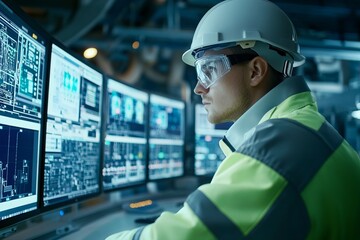 An engineer in a white protective helmet sits at a large number of monitors and monitors the production process
