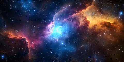 Fototapeta premium A mesmerizing view of a nebula, a vast cloud of gas and dust, in the cosmos, showcasing a vibrant mix of colors and twinkling stars.