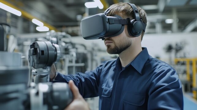 A mechanic or engineer wearing VR glasses with virtual reality is repairing something in the shop floor
