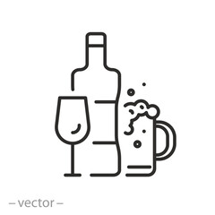 alcohol icon, bottle glass and mug of beer, alcoholic drinks, simple linear vector illustration