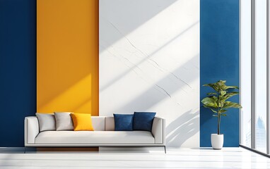 Artistic living room, bright colors and sleek design, natural light filling the space, watercolor style