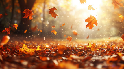 A serene autumn scene with falling leaves illuminated by sunlight.