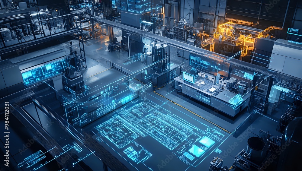 Poster futuristic factory with digital interfaces and glowing blue lines.