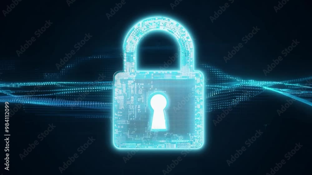 Aufkleber A metallic padlock is centered against a dark backdrop, with vibrant blue light waves swirling around it, representing advanced cybersecurity measures and data safety.