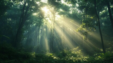 Obraz premium Dense forest in the early morning, with sunlight breaking through the mist