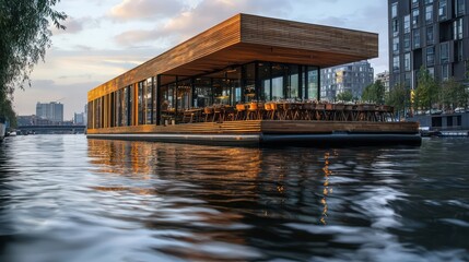 Obraz premium A floating wooden restaurant on a city river, designed with sustainable materials and offering panoramic water views