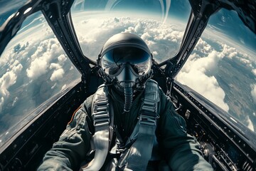 Fototapeta premium Selfie portrait of a fighter pilot wearing helmet and black glasses inside the plane flying high in the sky, view from the cockpit of a fighter jet with space for text or inscriptions 