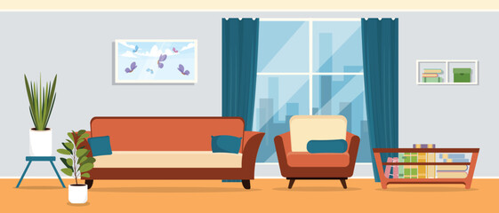 Vector illustration of a modern living room interior. Cartoon scene of a living room with a sofa, armchair,a large window with a view of the city,curtains,a bedside table with books,vases,a picture.
