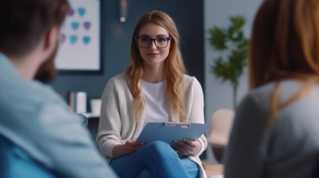 Female family psychologist or sexologist. Young couple sitting with female psychologist talking about life and relationship problems. Social and family problems, psychotherapy 
