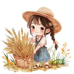 Adorable Girl in a Straw Hat Holding a Basket of Wheat.