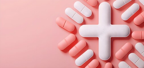 Obraz premium Colorful pills arranged in cross shape, healthcare symbol, minimalist design, 3D illustration
