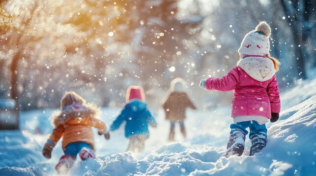 Group of little children having fun outdoors in winter with snow with place for text or inscriptions
