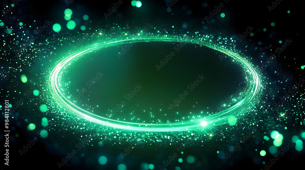 Poster sparkles and neon glow on a textured abstract background. circle frame of shiny swirls with green sp