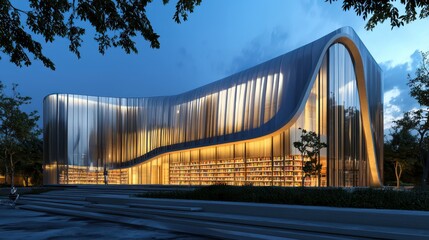 A futuristic public library where the facade is made entirely of translucent fiber cement siding, illuminating at night to become a beacon of knowledge and culture