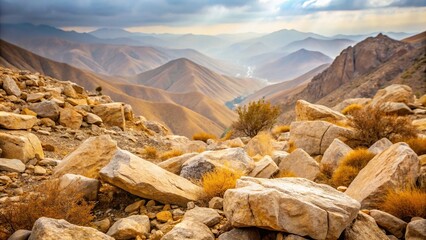 Beige stones and rocks covered with sparse shrubbery in Central Asia