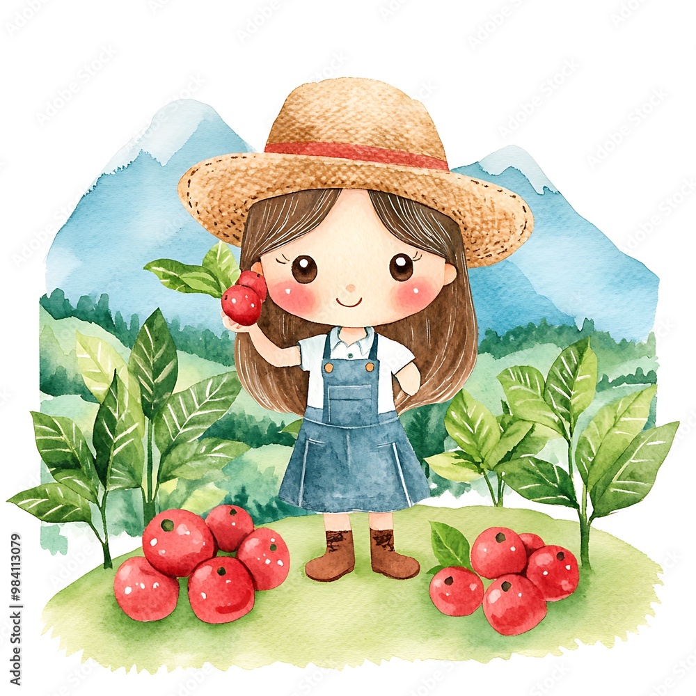 Poster Adorable Watercolor Illustration of a Girl Picking Red Berries in a Mountain Landscape.