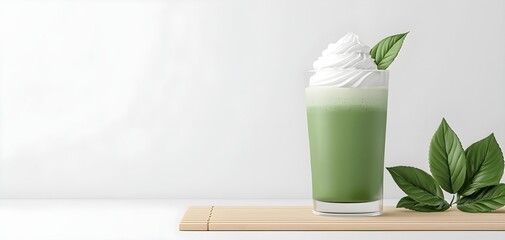 Creamy whipped matcha drink, smooth textures, wooden bamboo mat, 3D illustration