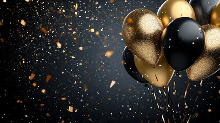Festive, promotional or birthday background with gold and black balloons on a dark background with confetti with space for text or inscriptions. Black Friday concept or banner
