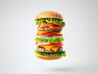 Create a mouthwatering burger towering high with layers of toppings, shining sesame seeds on the bun, set against a stark white background