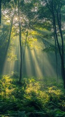 Obraz premium Dense forest in the early morning, with sunlight breaking through the mist