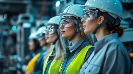 Group of female engineers in white helmets, glasses and vests close up with space for text
