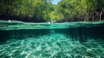 Dense mangrove forest with roots reaching down into the clear water