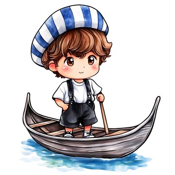 boy in boat, blue striped hat clip art preview
