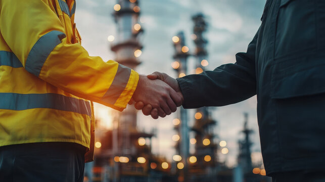 Two individuals shaking hands in an industrial setting, symbolizing partnership and collaboration.